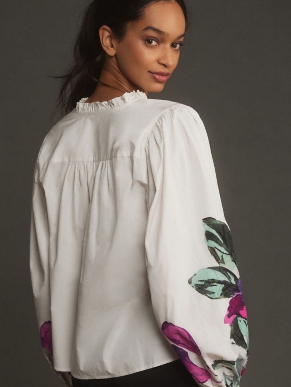 Anthropologie Forever That Girl Floral Ruffle Button Down Peasant Blouse Size L - Picture 2 of 13